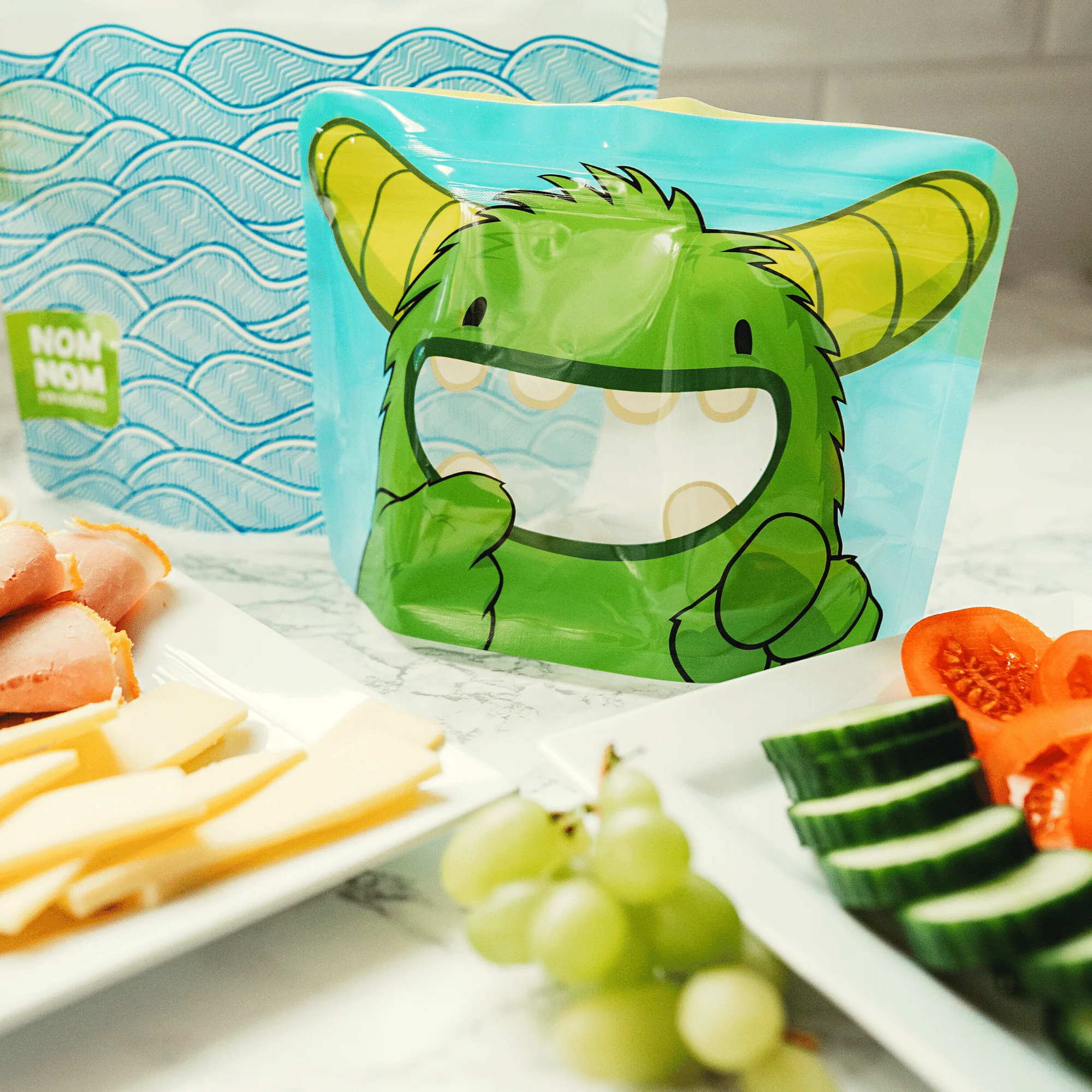 Nom Nom Kids Reusable Monster Sandwich Bags 4 Pack Stand Up Lunch Bags - Image 3