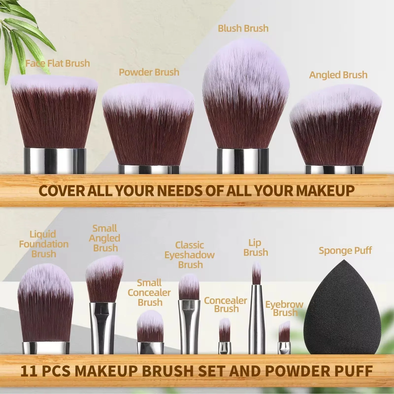 Bamboo Plastic Free Makeup Brushes, Soft Bristles For Makeup Application - 12 Pack - Image 2