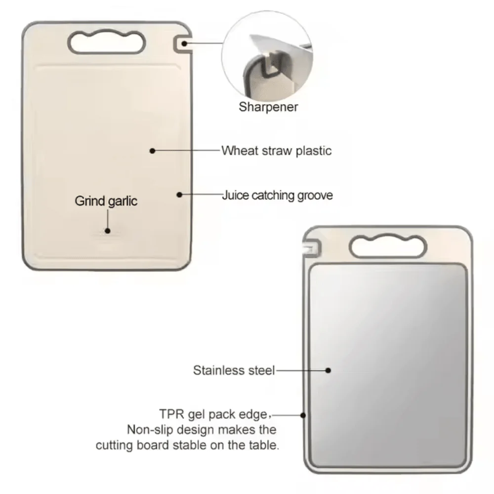 Double-Sided Stainless Steel Cutting Board with Wheat Straw & Knife Sharpener - Image 6