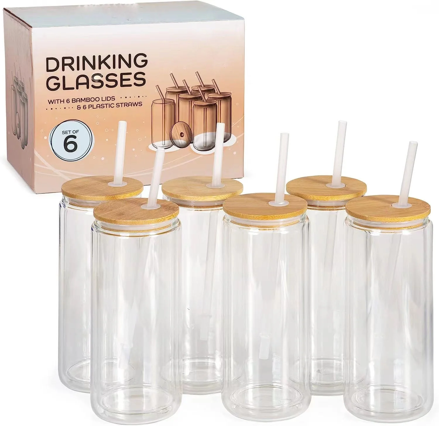 Double Wall Glass Drinking Glasses with Bamboo Lids and Glass Straws – Set of 6