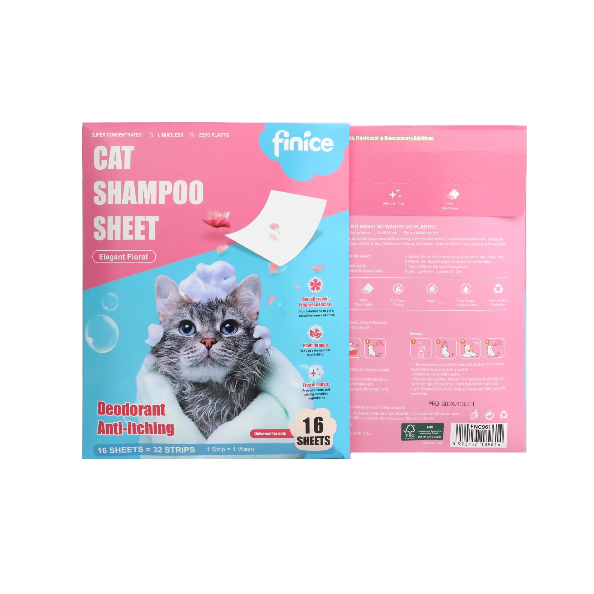 Finice Cat Shampoo Sheets – Plant-Based, Anti-Itch & Deodorising, Elegant Floral, 32 Washes - Image 3