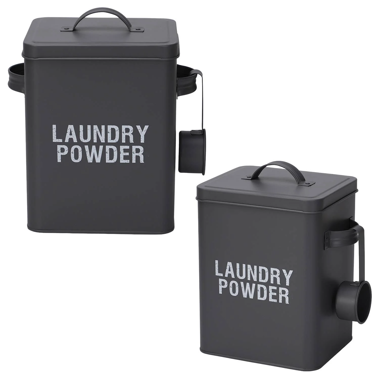 Grey Laundry Powder Tin Box with Handle and Scoop - Image 3