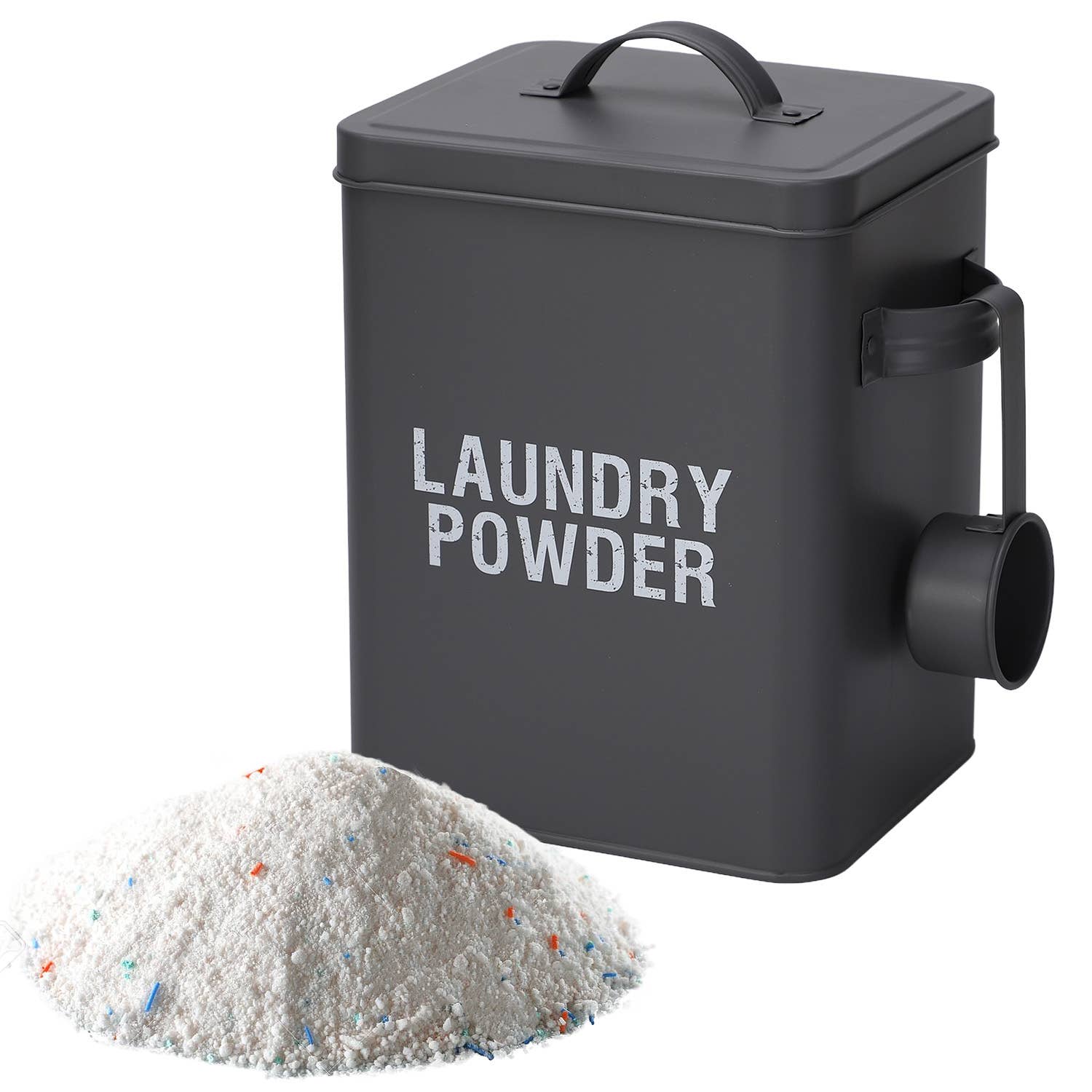 Grey Laundry Powder Tin Box with Handle and Scoop - Image 4
