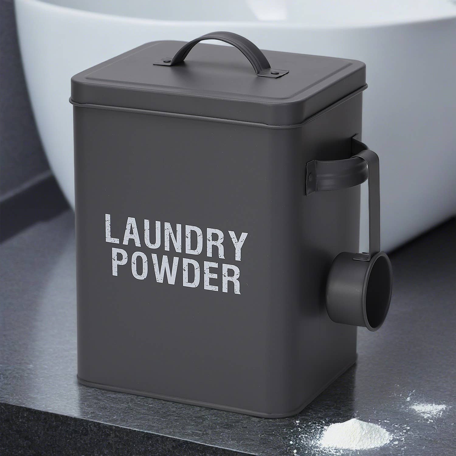 Grey Laundry Powder Tin Box with Handle and Scoop - Image 5