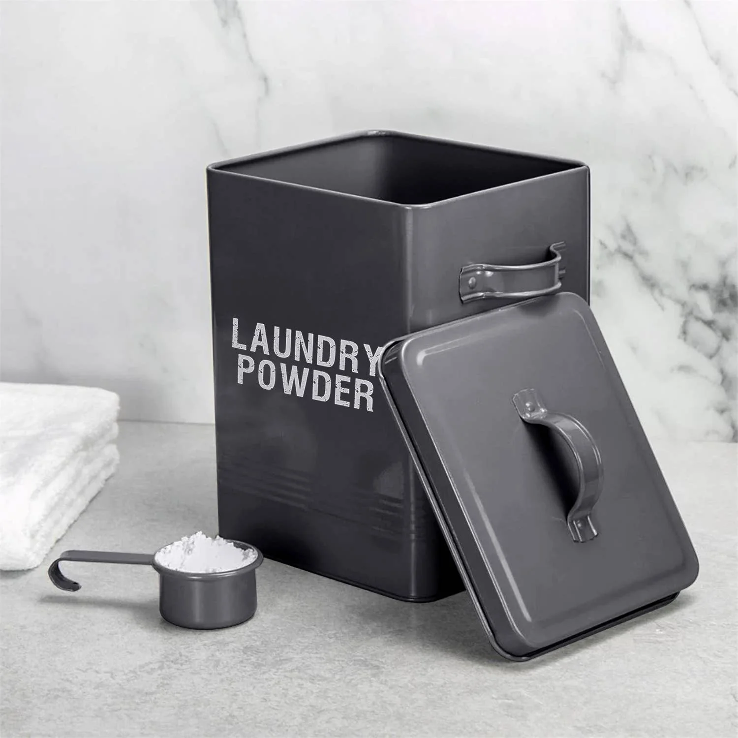 Grey Laundry Powder Tin Box with Handle and Scoop - Image 6