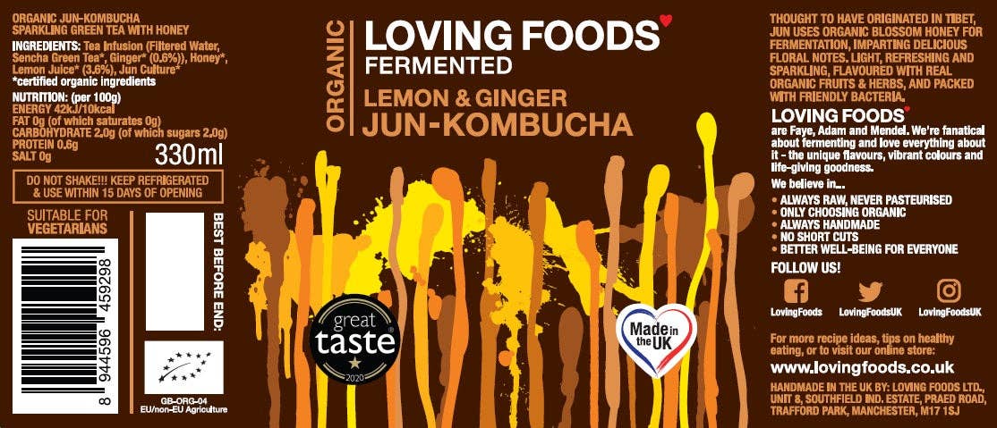 Organic Jun Kombucha Lemon + Ginger – Unpasteurised Honey Fermented Drink 330ml - Image 2