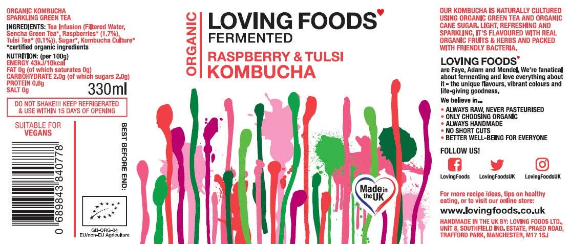Organic Kombucha Raspberry & Tulsi – Unpasteurised Fermented Green Tea 330ml - Image 2