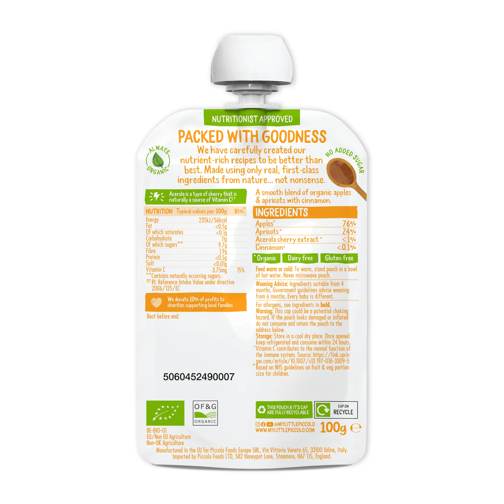 Piccolo Organic Apple & Apricot Baby Food Pouch 100g 4m+ - Image 2