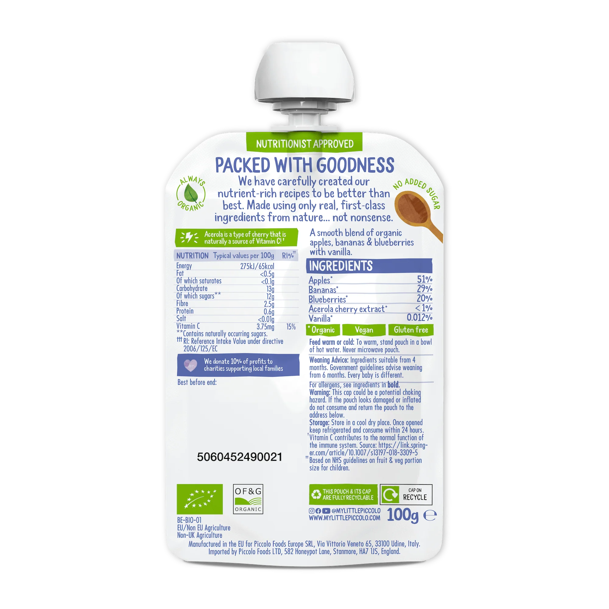 Piccolo Organic Apple Banana & Blueberry Baby Food Pouch 100g 4m+ - Image 2