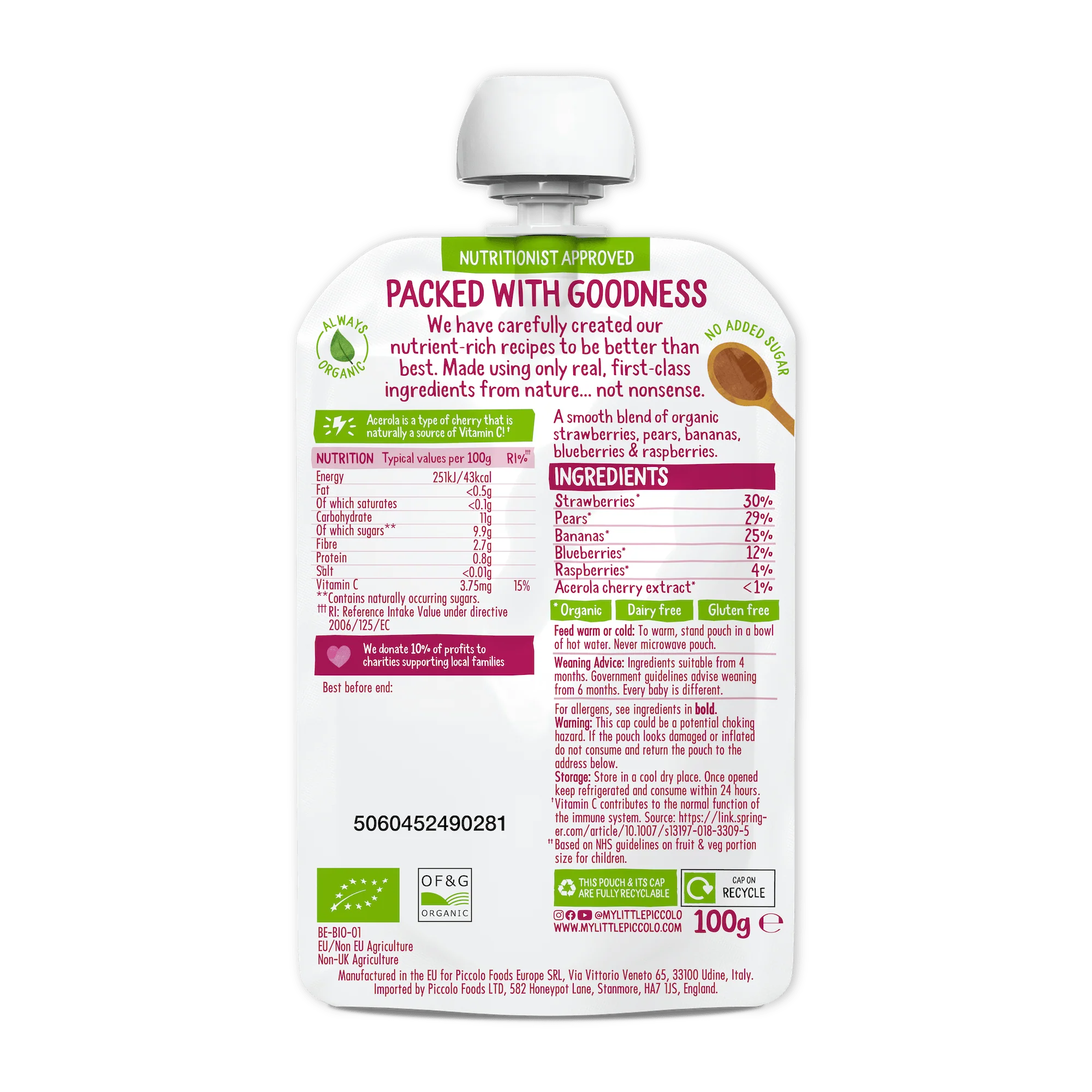 Piccolo Organic Blushing Berries Pear & Banana Baby Food 100g 4m+ - Image 2