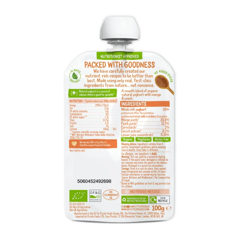Piccolo Organic Natural Yoghurt Mango & Peach Baby Food 100g - Image 2