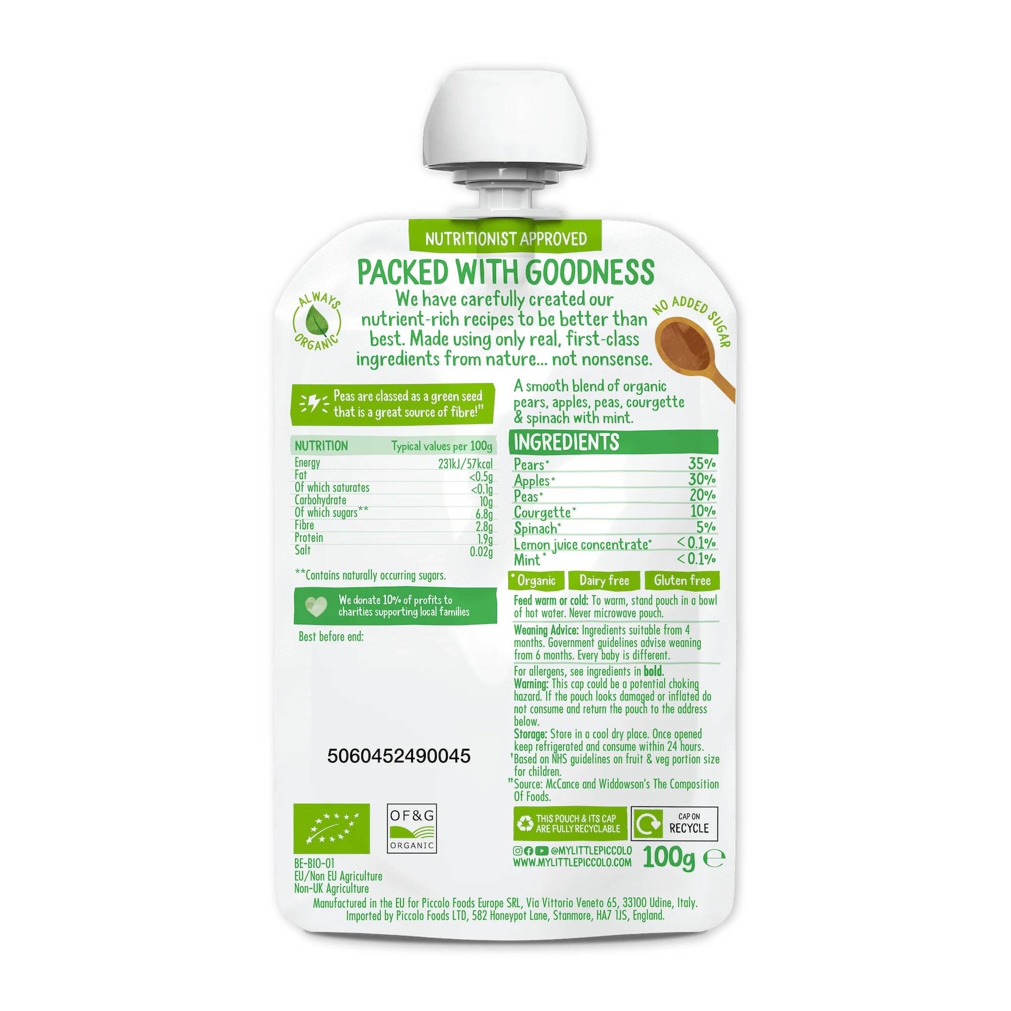 Piccolo Organic Pear Apple & Spring Greens Baby Food Pouch 100g 4m+ - Image 2