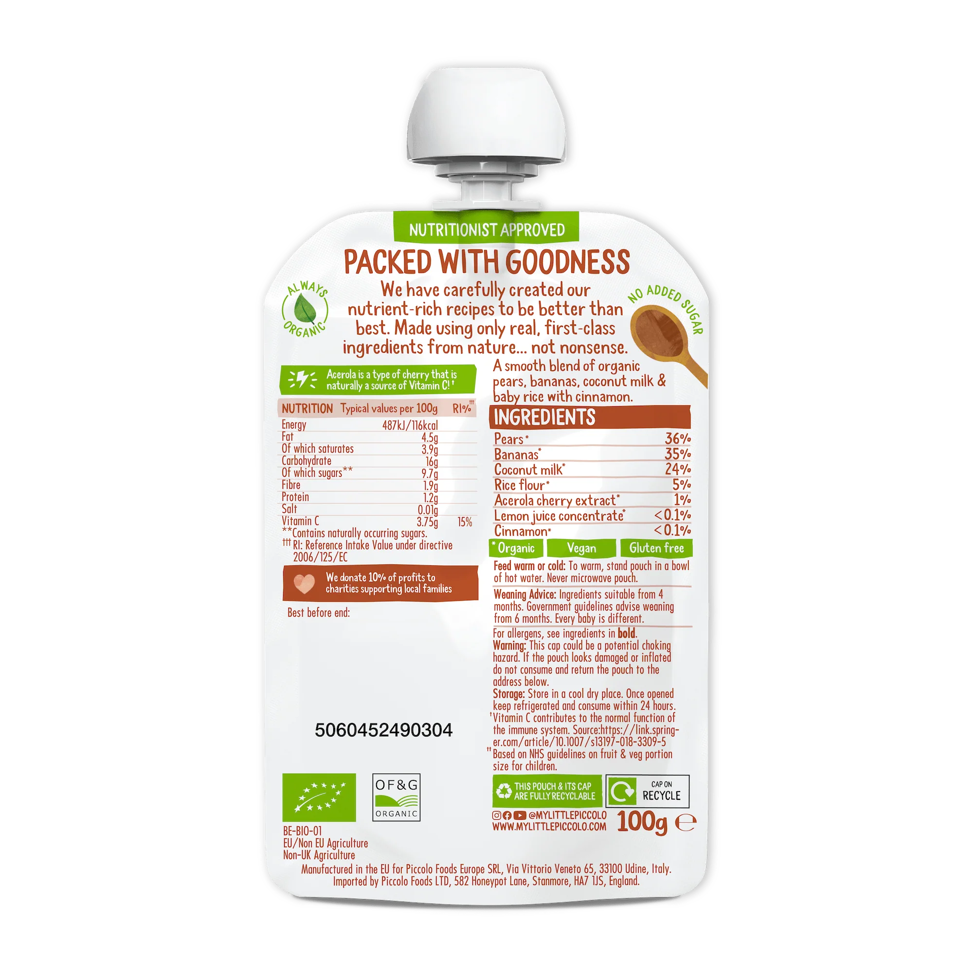 Piccolo Organic Pear Banana Coconut Milk & Baby Rice 100g 4m+ - Image 2