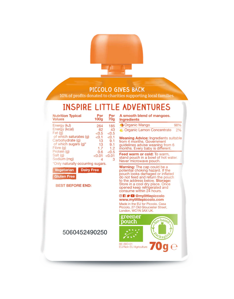 Piccolo Organic Pure Mango Baby Food Pouch 70g 4m+ - Image 2