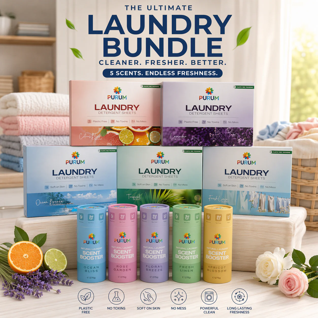 Purum Ultimate Laundry Bundle – 320 Eco-Friendly Laundry Sheets & 5 Scent Boosters Set