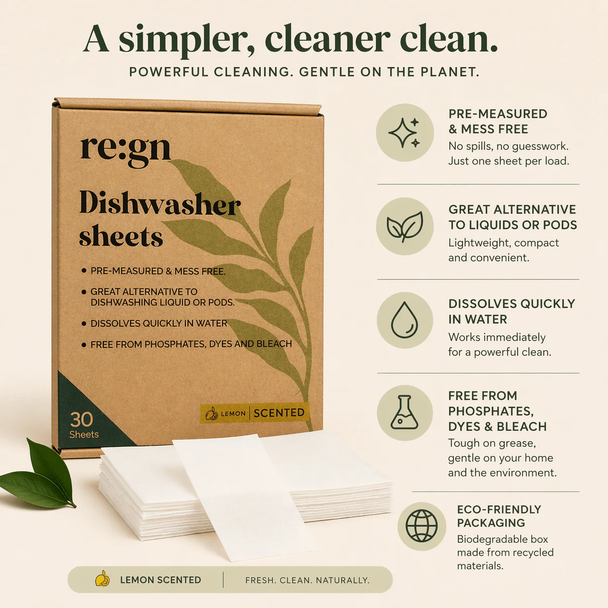 re:gn Dishwasher Sheets | Lemon Scented |30 Sheets | Pre-Measured Dishwashing Alternative - Image 2