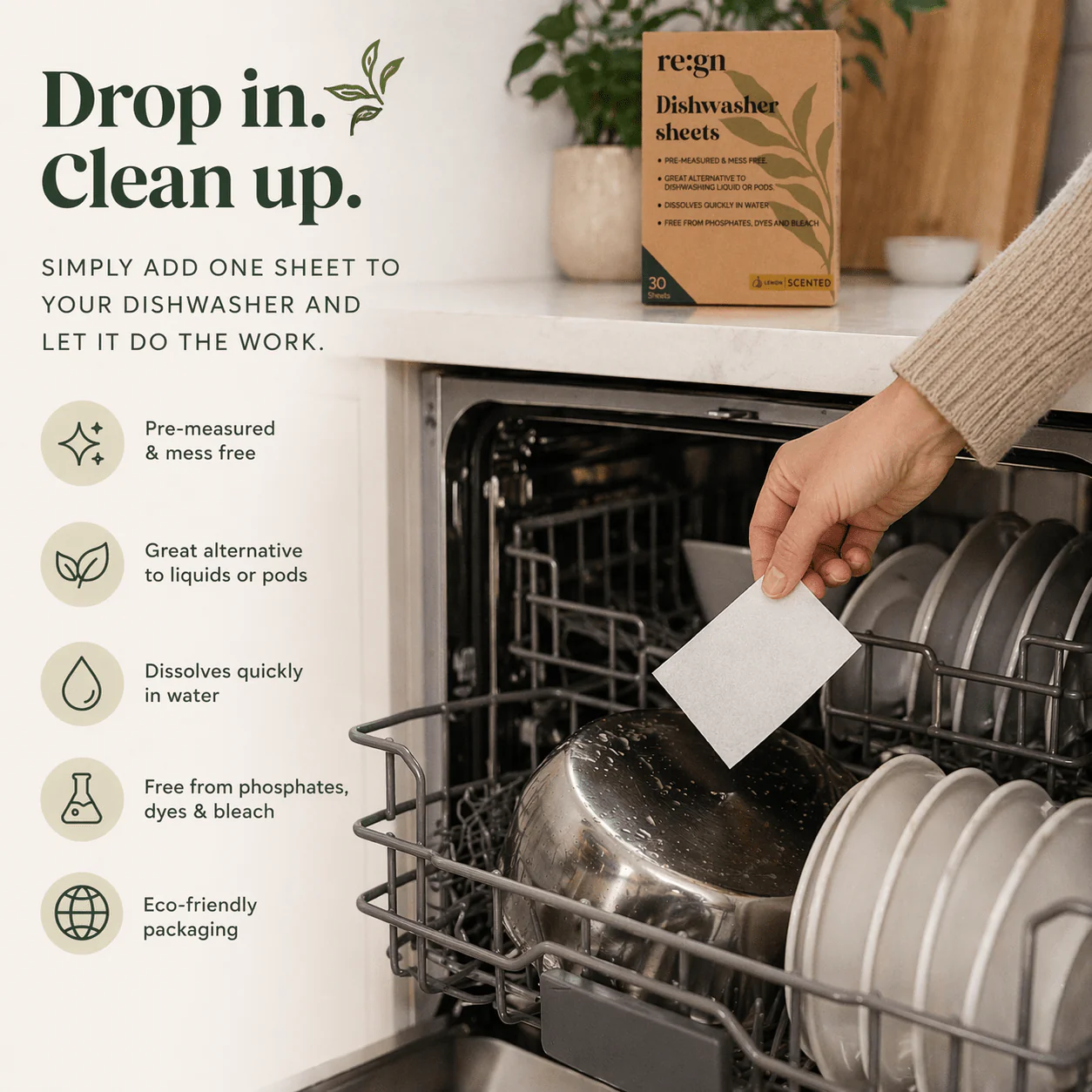re:gn Dishwasher Sheets | Lemon Scented |30 Sheets | Pre-Measured Dishwashing Alternative - Image 3